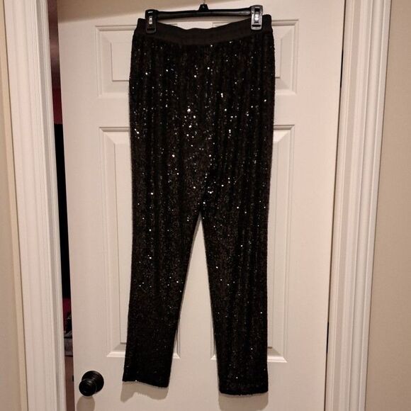 Ramy Brook Women's Pull on Sequin Trousers Pants Medium Black Party Sparkle - Picture 2 of 16